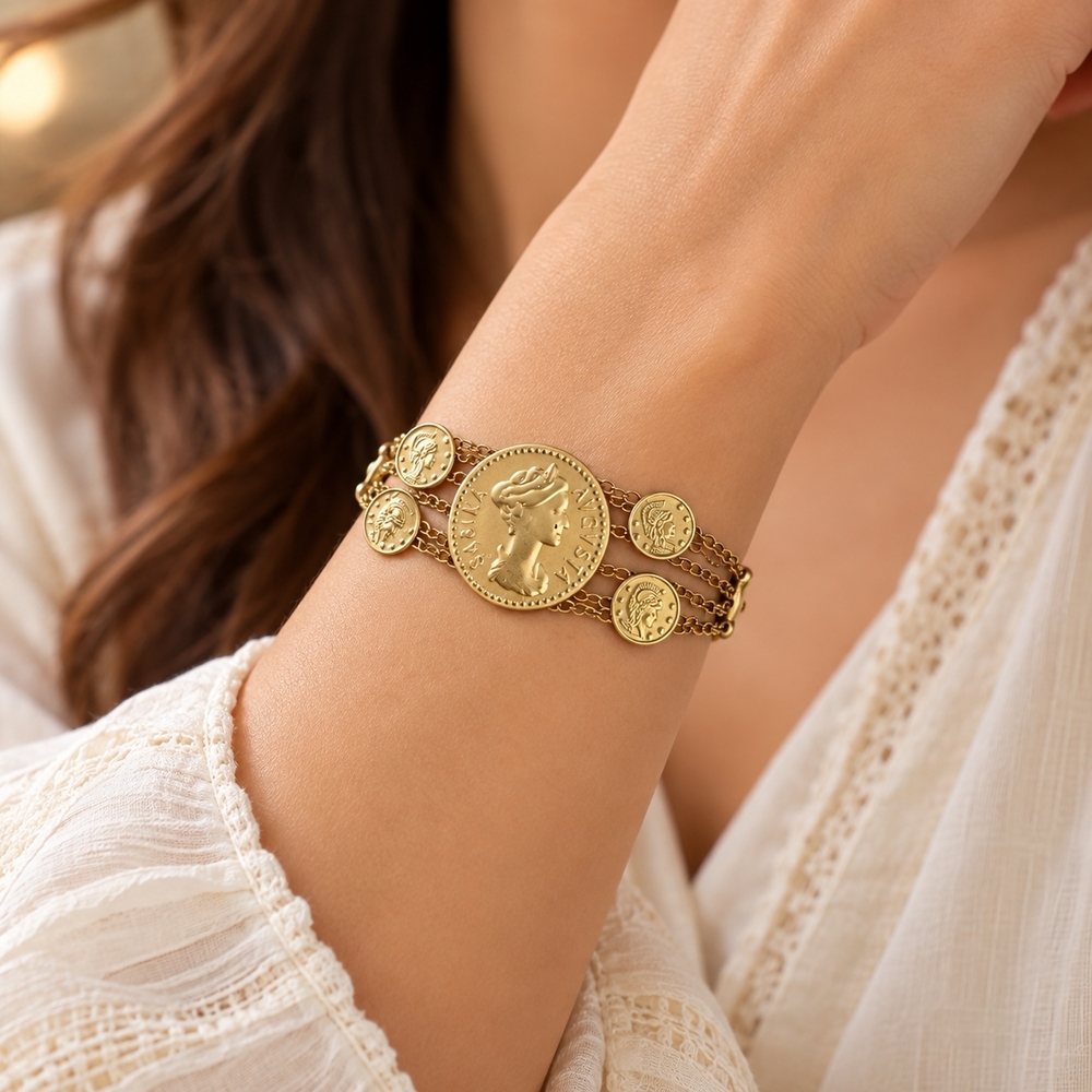 Roman Coin Multi-Strand Bracelet Sabina Augusta Gold Tone One Size NWOT